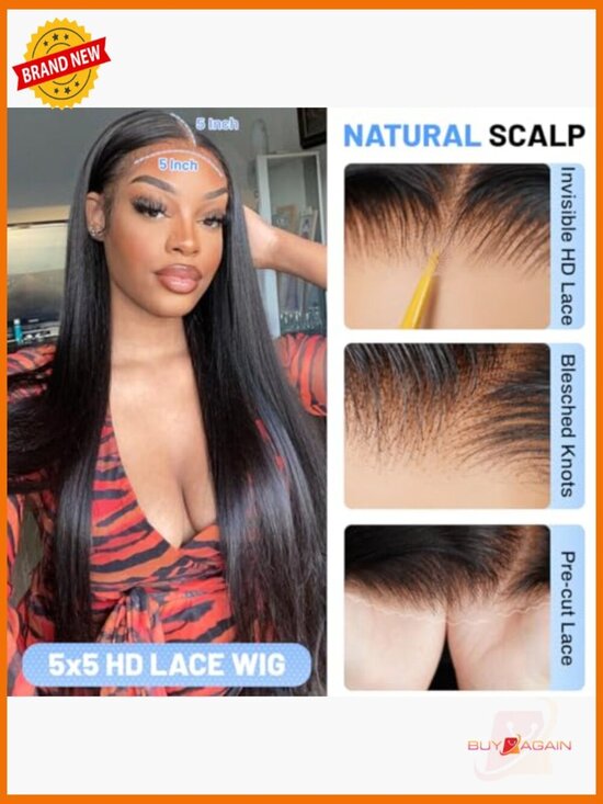 Glueless Human Hair Wig 5x5 HD Lace Closure 200% Density Straight Pre Cut main image 5